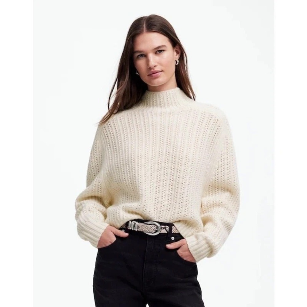 Madewell Pointelle-Stitch Mockneck Sweater Womens XS Cream Merino Wool Boxy Fit